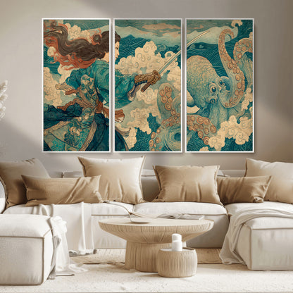 Tsukioka Yoshitoshi Samurai Wall Art Print, Japanese Katana Warrior Canvas Wall Art, Octopus Sea Monster Canvas Print,