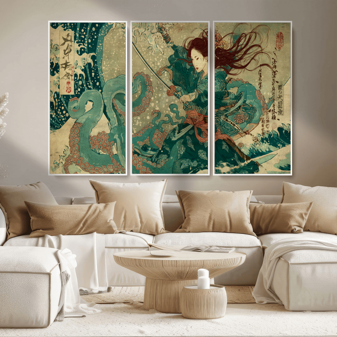 Tsukioka Yoshitoshi Samurai Wall Art Print, Japanese Katana Warrior Canvas Wall Art, Octopus Sea Monster Canvas Print,