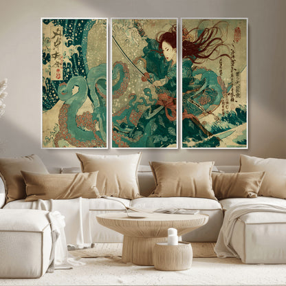 Tsukioka Yoshitoshi Samurai Wall Art Print, Japanese Katana Warrior Canvas Wall Art, Octopus Sea Monster Canvas Print,