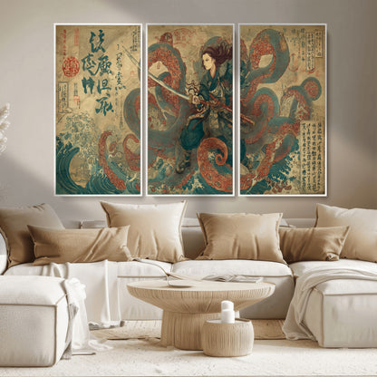 Tsukioka Yoshitoshi Samurai Wall Art Print, Japanese Katana Warrior Canvas Wall Art, Octopus Sea Monster Canvas Print,
