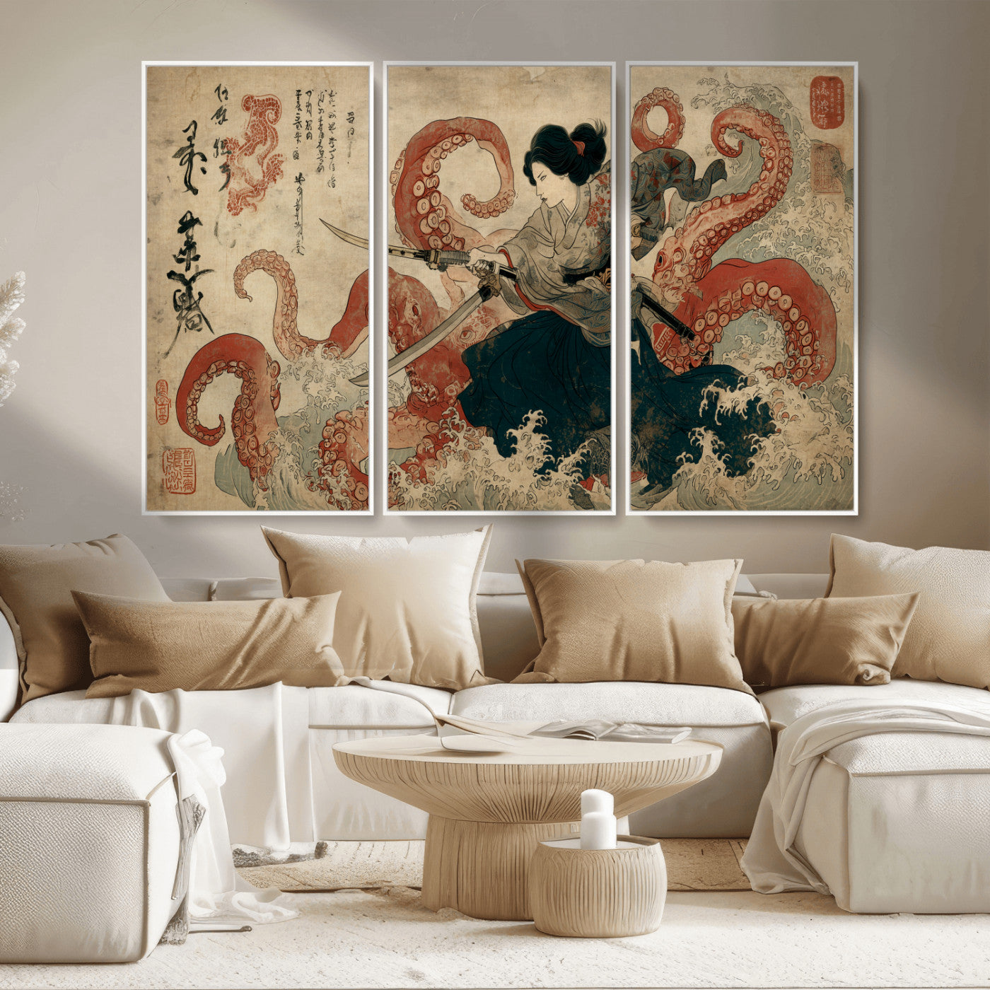 Tsukioka Yoshitoshi Samurai Wall Art Print, Japanese Katana Warrior Canvas Wall Art, Octopus Sea Monster Canvas Print,
