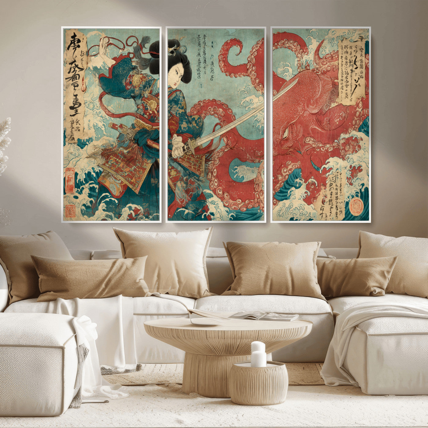 Tsukioka Yoshitoshi Samurai Wall Art Print, Japanese Katana Warrior Canvas Wall Art, Octopus Sea Monster Canvas Print,
