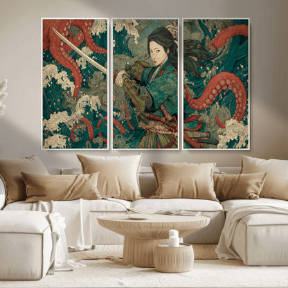 Tsukioka Yoshitoshi Samurai Wall Art Print, Japanese Katana Warrior Canvas Wall Art, Octopus Sea Monster Canvas Print,