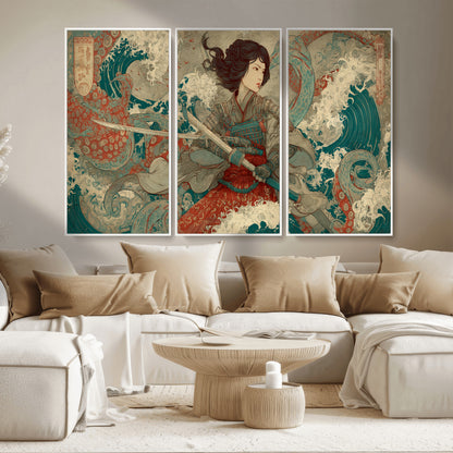 Tsukioka Yoshitoshi Samurai Wall Art Print, Japanese Katana Warrior Canvas Wall Art, Octopus Sea Monster Canvas Print,