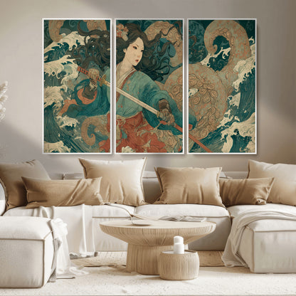 Tsukioka Yoshitoshi Samurai Wall Art Print, Japanese Katana Warrior Canvas Wall Art, Octopus Sea Monster Canvas Print,