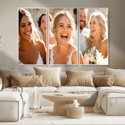 MGV-FC-48X32-3P - Joyful Wedding Wall Art – Laughing Bride and Bridesmaids Canvas Print, Romantic Celebration Photography Decor for Bedroom, Living Room, or Wedding Gift