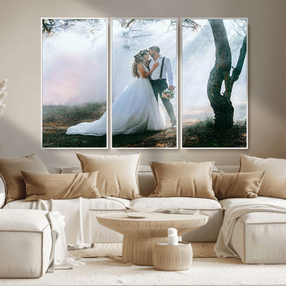 MGV-FC-48X32-3P - Forest Wedding Wall Art – Romantic Bride and Groom Canvas Print, Enchanted Woodland Photography Decor for Bedroom, Living Room, or Wedding Gift
