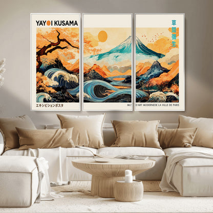 Modern Japanese-style art print featuring a stylized Mount Fuji, flowing waves, and vibrant landscapes in bold colors, inspired by traditional and contemporary aesthetics.