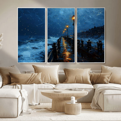 "Impressionistic painting of a rainy pier at night with glowing street lamps reflecting on the wet surface, ocean waves crashing under a dark blue sky."