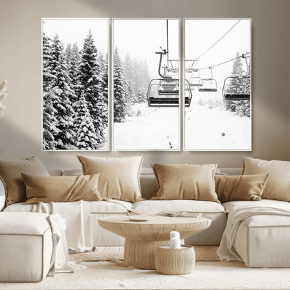 Black and white canvas of empty ski lifts over a snowy pine forest, perfect for minimal winter or ski lodge-inspired decor.