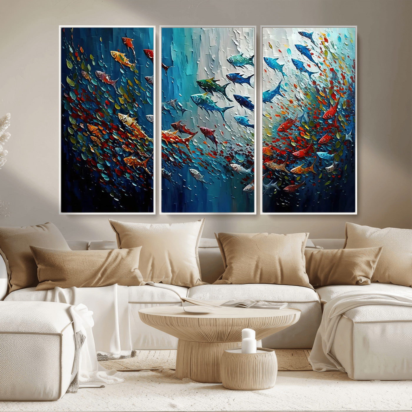 Colorful painting of fish swimming in abstract ocean swirls, perfect for vibrant marine-themed or expressive coastal home decor.