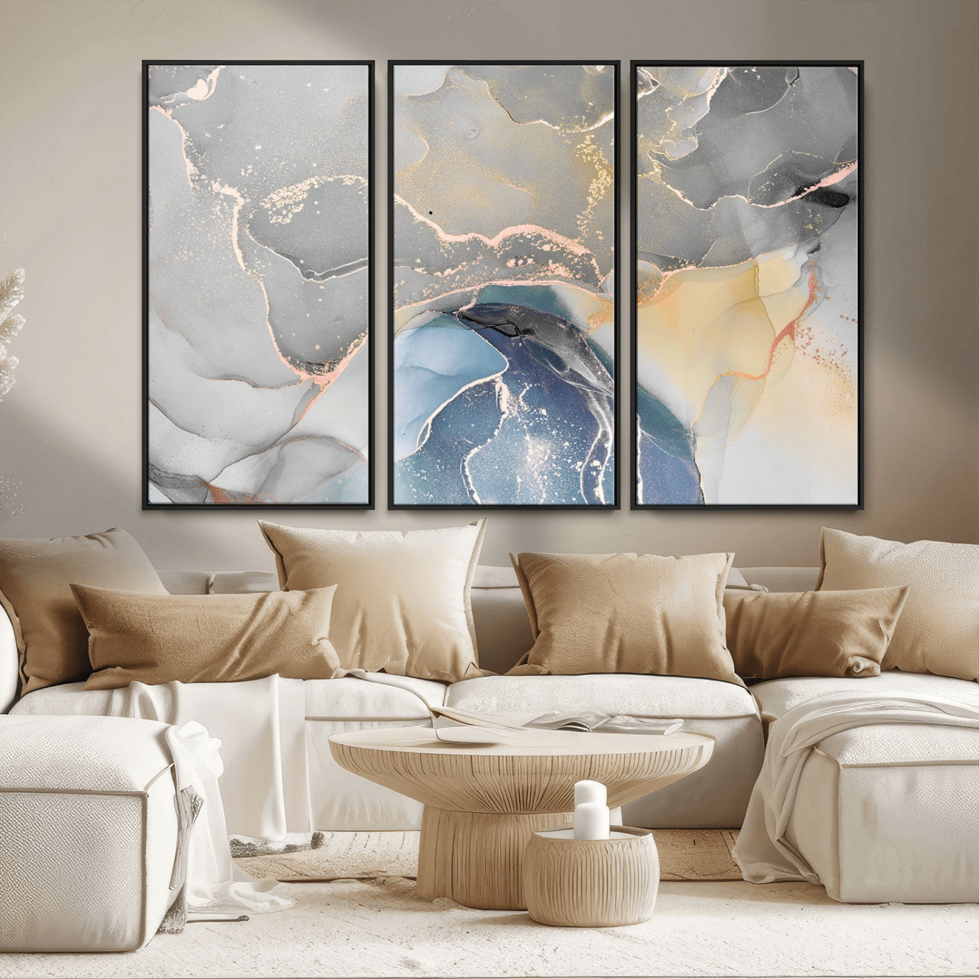 -Abstract Fluid Art Wall Decor – Blue, Gray & Gold Canvas Print, Modern Home and Office Wall Art Decor for Living Room, Bedroom or Workspace
