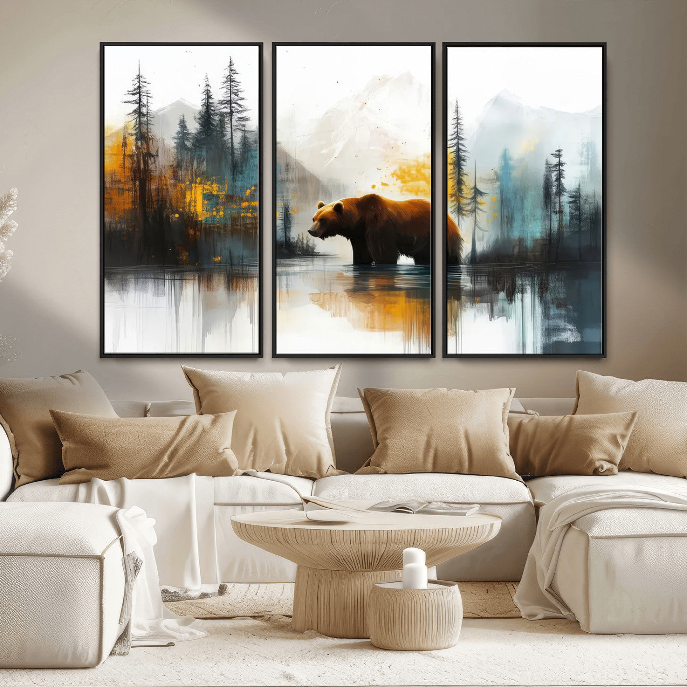 A majestic bear stands by the serene waters of a misty forest, surrounded by towering trees and distant mountains, evoking the raw beauty and wild spirit of nature.