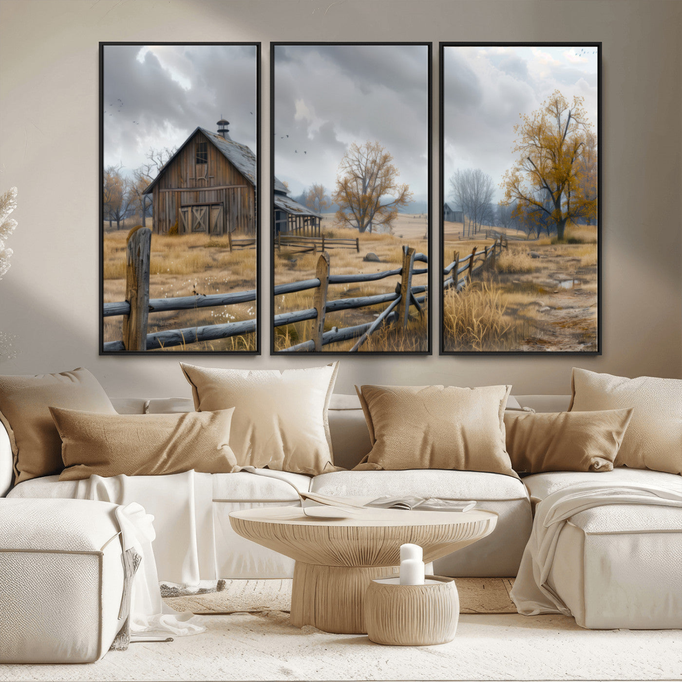 A tranquil rural scene featuring a rustic barn, overcast skies, and golden fields with scattered trees, evoking a sense of peaceful solitude in nature.