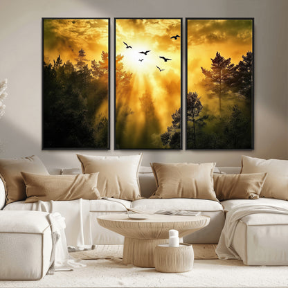 Canvas of a golden forest at sunset with birds flying through glowing sunbeams and silhouetted pine trees, ideal for warm-toned rustic decor.