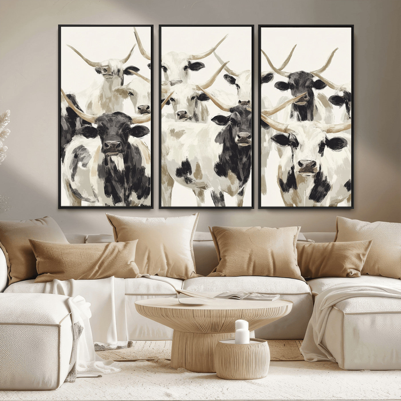 Canvas of a Texas Longhorn cattle herd in neutral black and white tones, ideal for rustic farmhouse or western-themed decor.