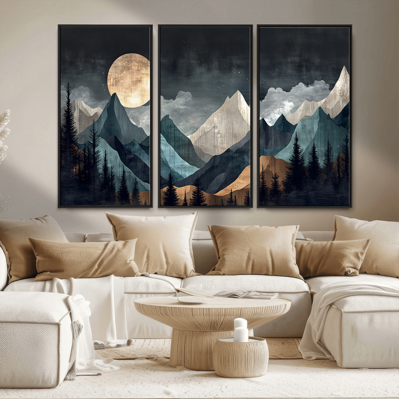 Stylized canvas of layered mountains under a full moon in neutral moody tones, ideal for nature-inspired or modern rustic interiors.