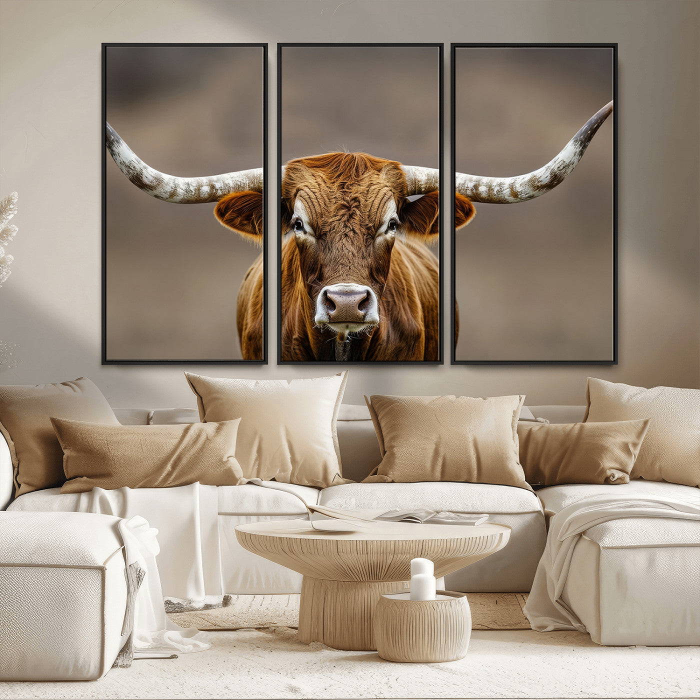 Close-up of a Texas Longhorn with strong curved horns and warm brown tones, perfect for rustic or western-style wall decor.