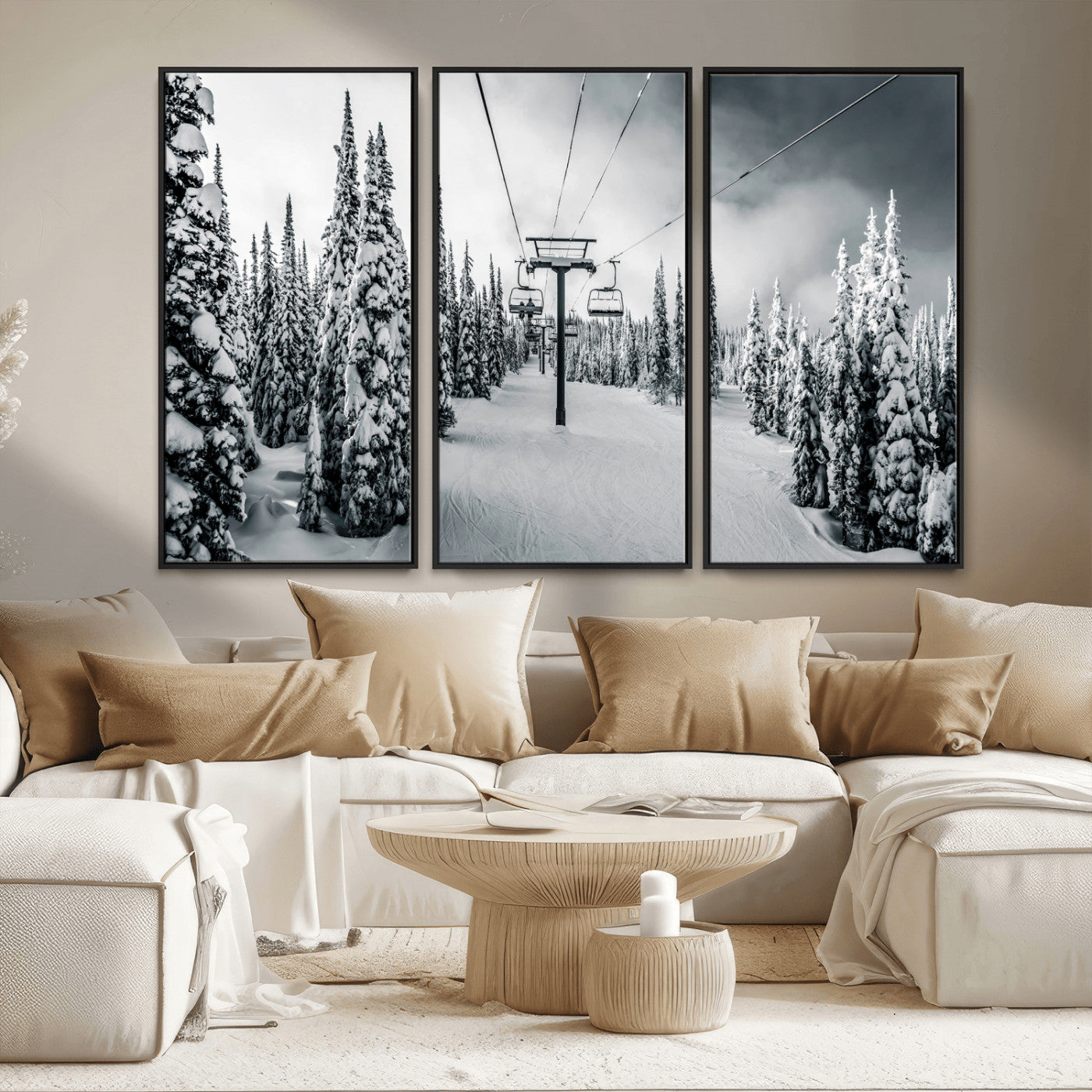 Canvas of a snowy ski lift scene through a forest of tall pine trees, ideal for moody winter or alpine-themed home decor.