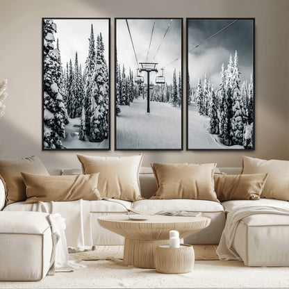 Canvas of a snowy ski lift scene through a forest of tall pine trees, ideal for moody winter or alpine-themed home decor.