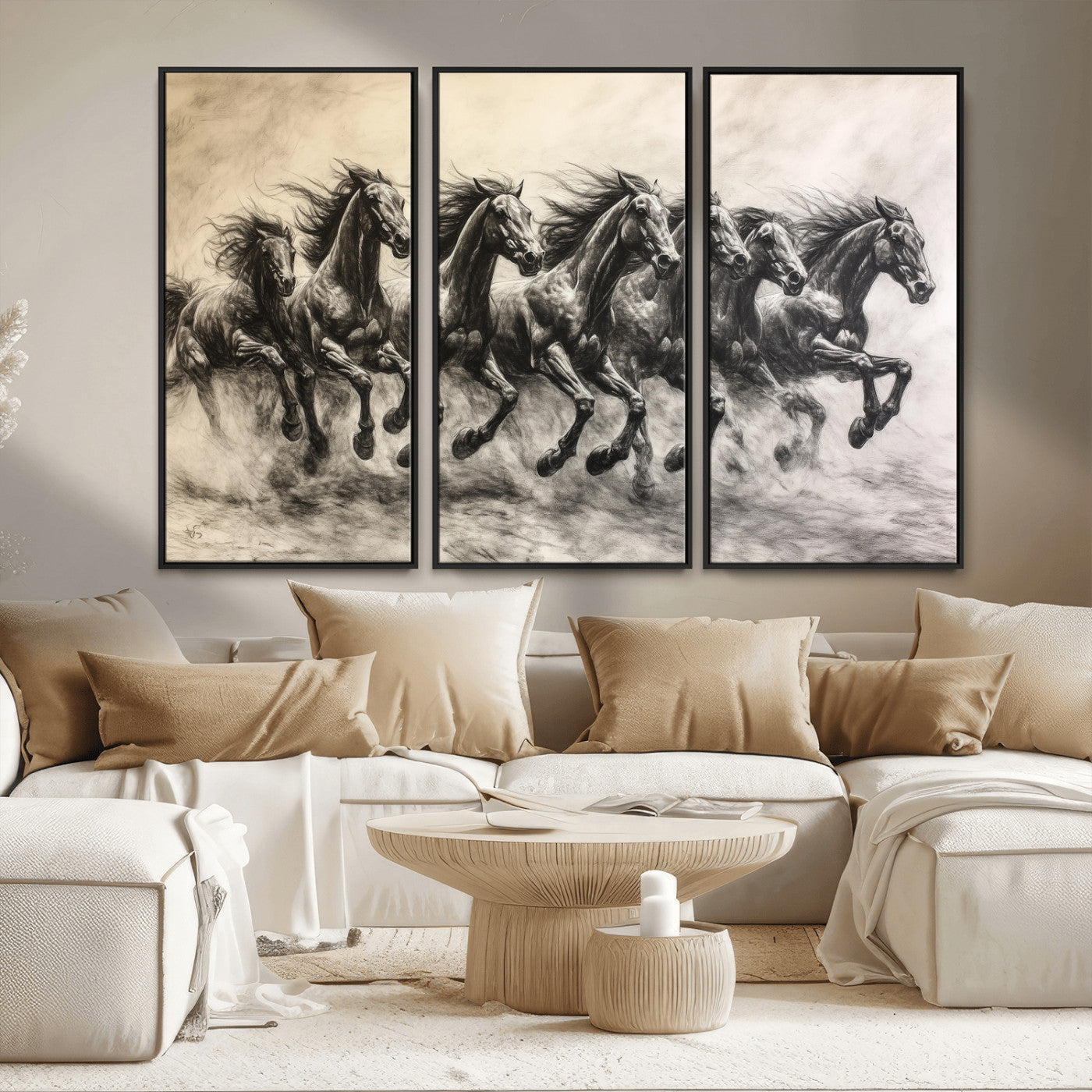 Monochrome drawing of a herd of galloping horses, perfect for dynamic and wild-themed decor in any equestrian or nature-inspired room.