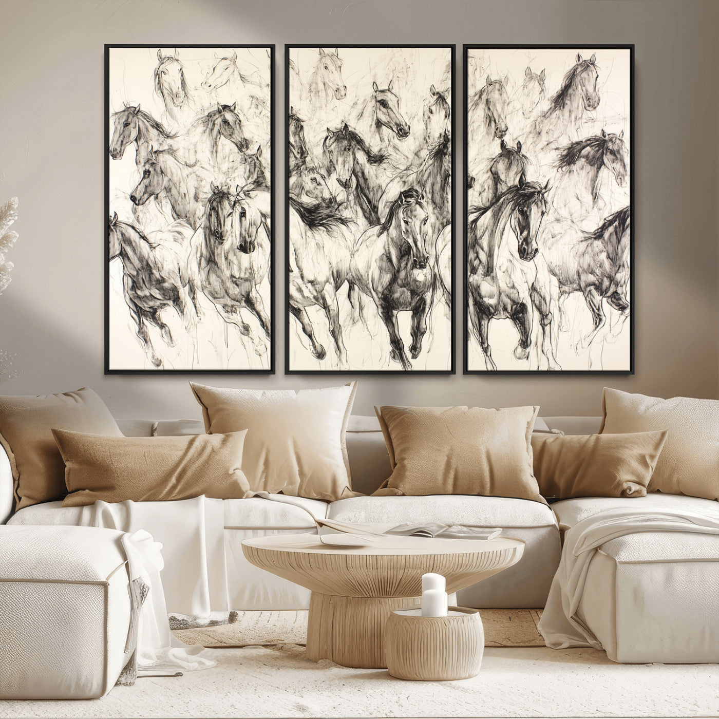 Monochrome ink sketch of galloping horses in dynamic motion, perfect for western or equine-themed wall decor with bold artistic energy.