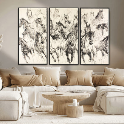 Monochrome ink sketch of galloping horses in dynamic motion, perfect for western or equine-themed wall decor with bold artistic energy.