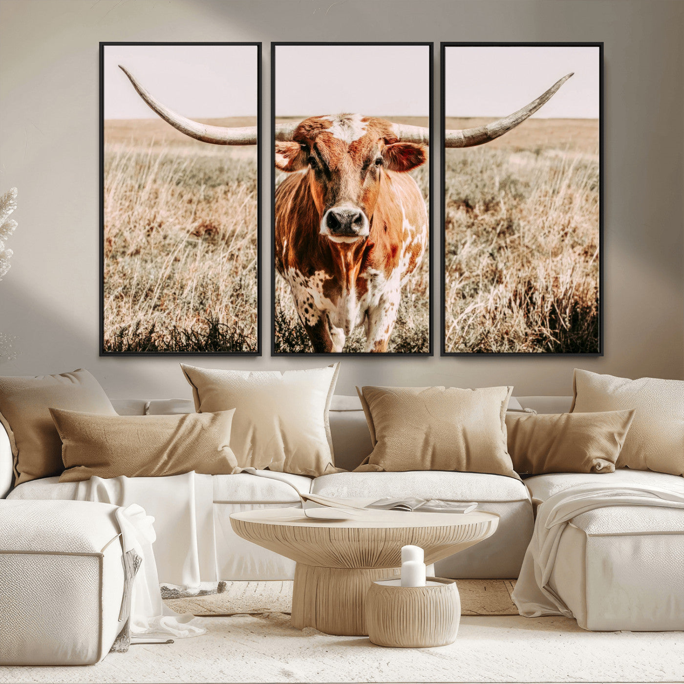 Framed longhorn cow canvas wall art with rustic prairie background, western animal print perfect for farmhouse or ranch style decor