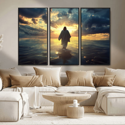 Spiritual artwork of Jesus walking on water at golden hour with divine light, ideal for Christian home decor or prayer room.