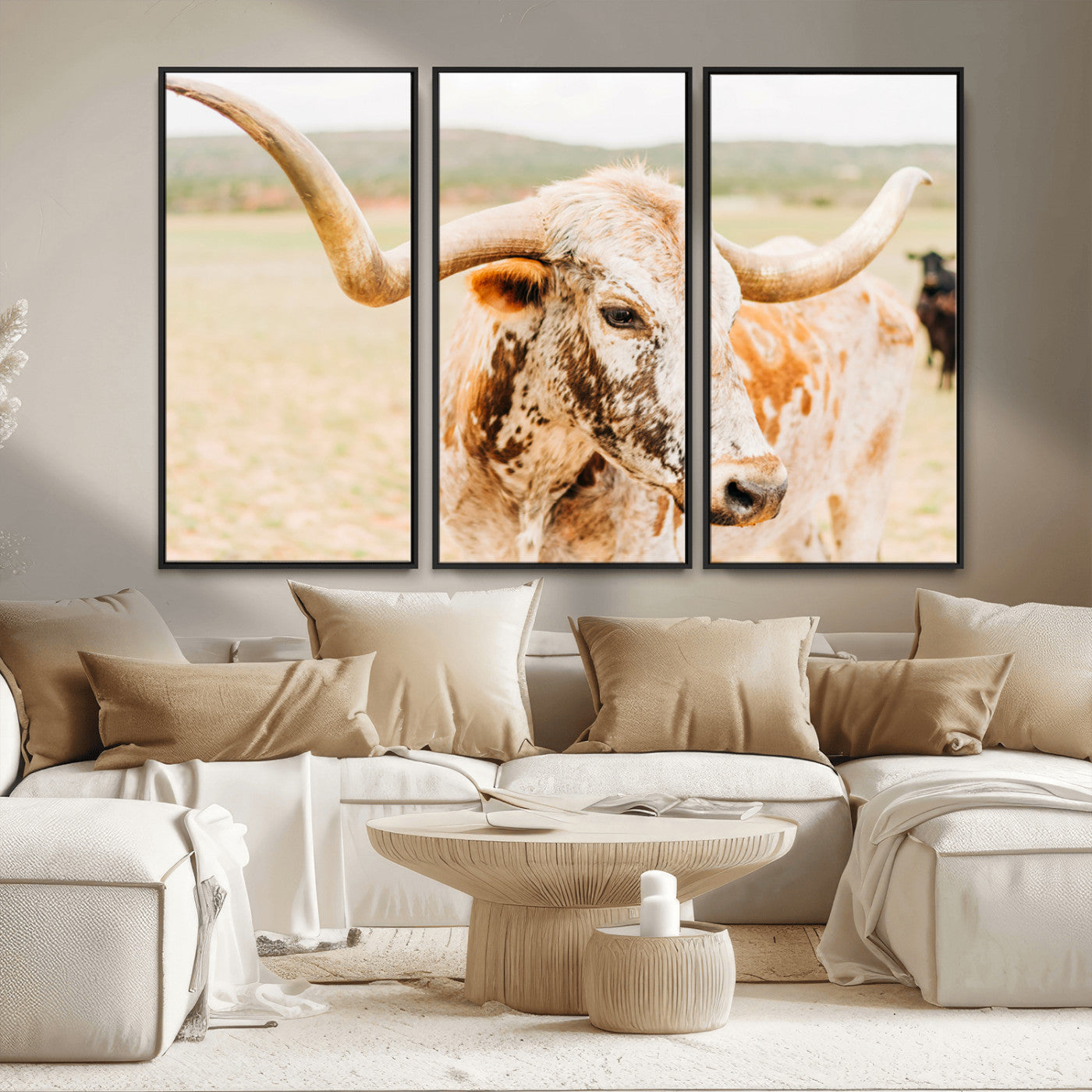 Close-up of a speckled Texas Longhorn in warm prairie tones, perfect for rustic western or countryside-themed room decor.