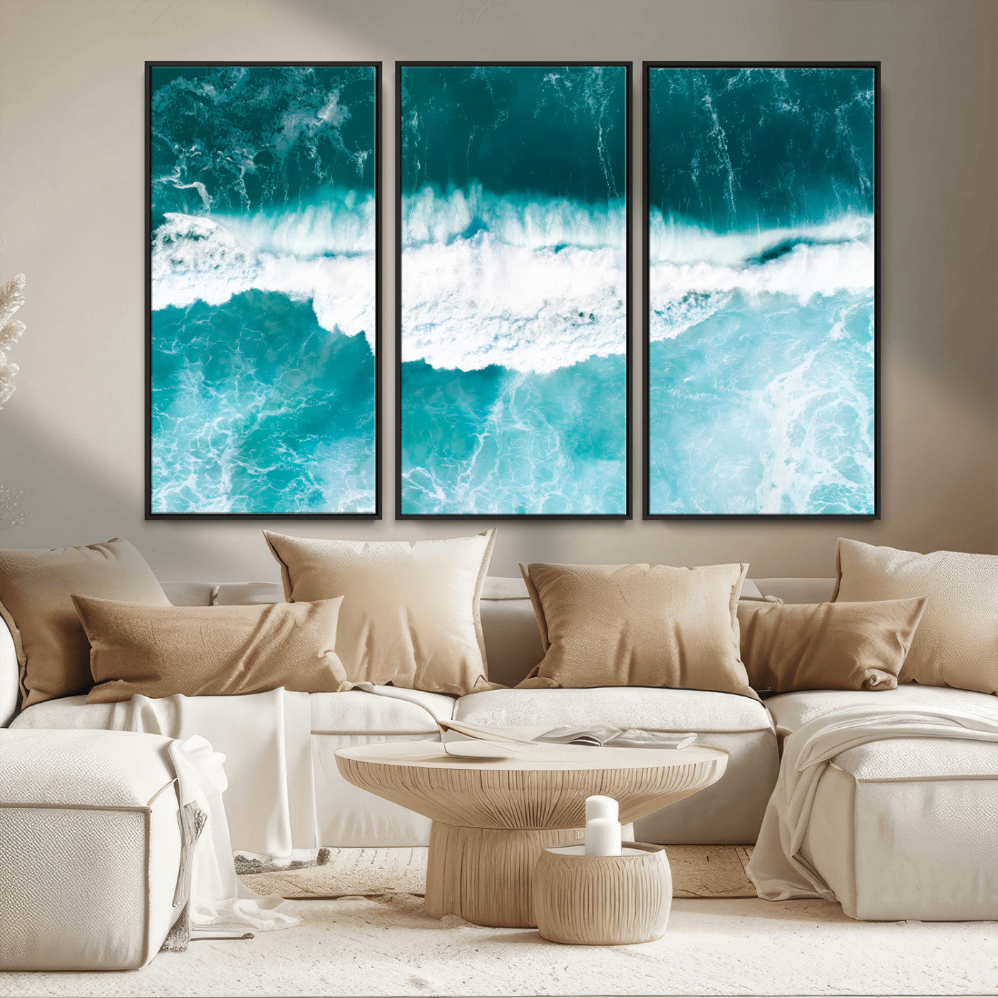 Aerial view of turquoise ocean waves crashing with white foam, perfect for tropical coastal or modern beach-style home decor.
