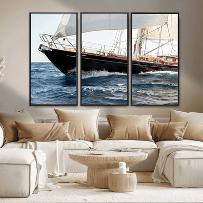 Close-up of a classic sailing yacht with wooden deck and full sails, perfect for nautical or coastal-style decor in ocean-themed spaces.