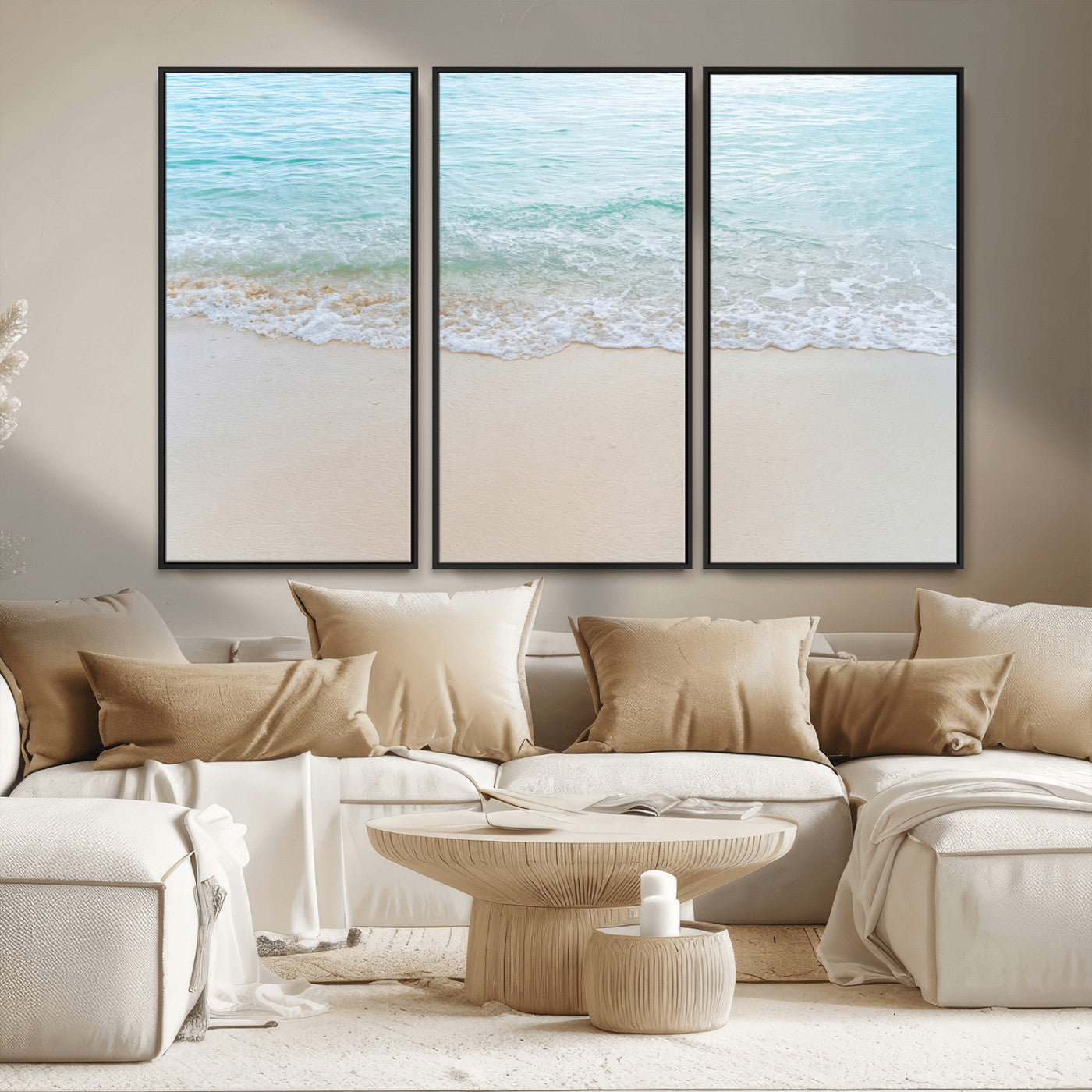 Soft shoreline with gentle aqua waves on smooth sand, ideal for minimalist coastal or pastel ocean-inspired home wall decor.