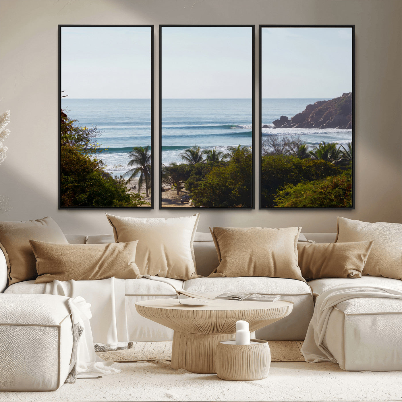 View of calm ocean waves with palm trees and a tropical coastline, ideal for coastal boho or beach-themed wall decor.