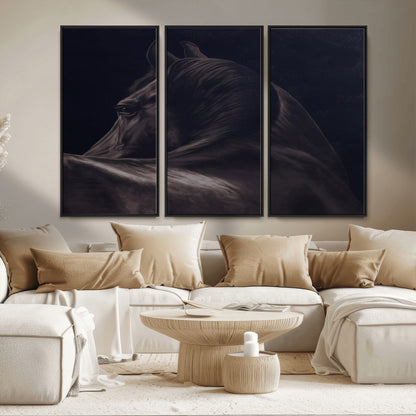 Close-up of a black horse with dramatic lighting on a dark background, perfect for rustic or masculine home decor.