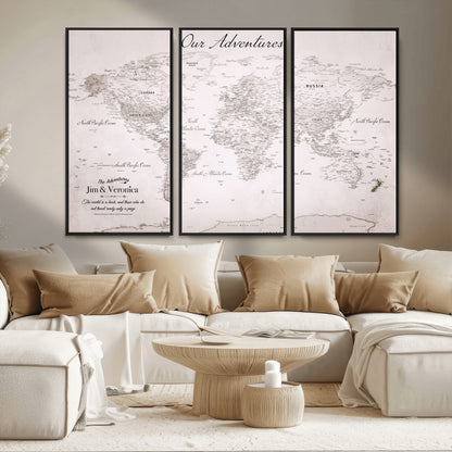 Customize Push Pin World Map Wall Canvas Print – Personalized Travel Map with Foam Pins – Framed Custom Quotie Canvas for Home Office Decor