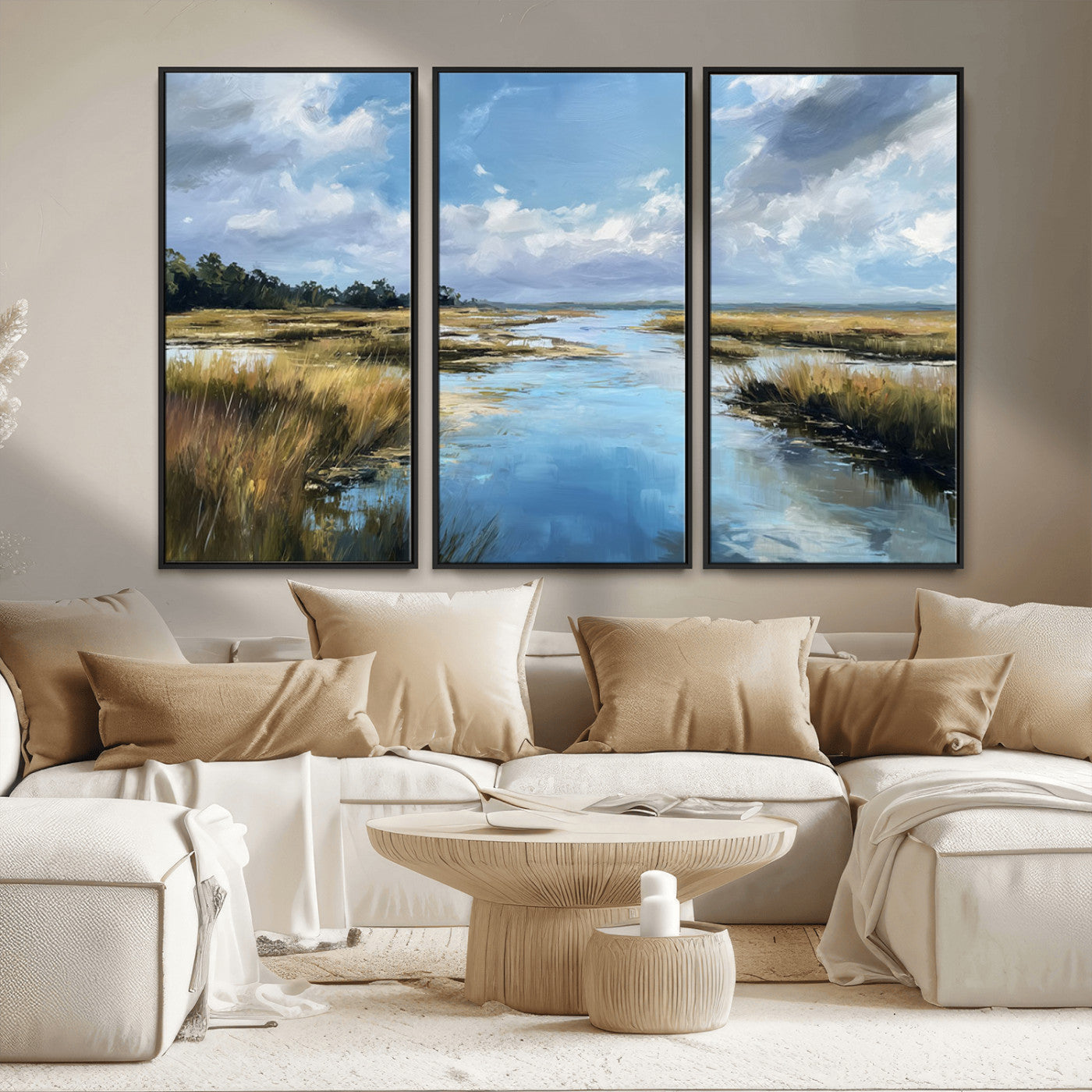 A beautiful, painterly landscape of a calm river winding through a marsh, with vibrant green grasses and a bright blue sky filled with fluffy clouds.