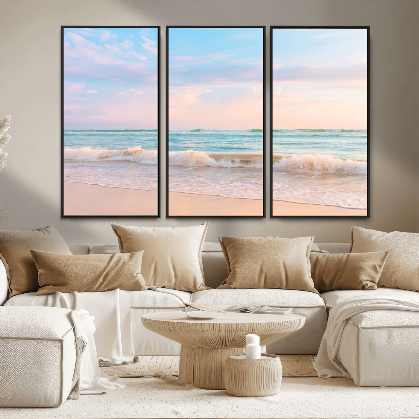 A peaceful beach scene with soft pastel skies, gentle waves washing up on the sandy shore, creating a calm and serene ocean view.