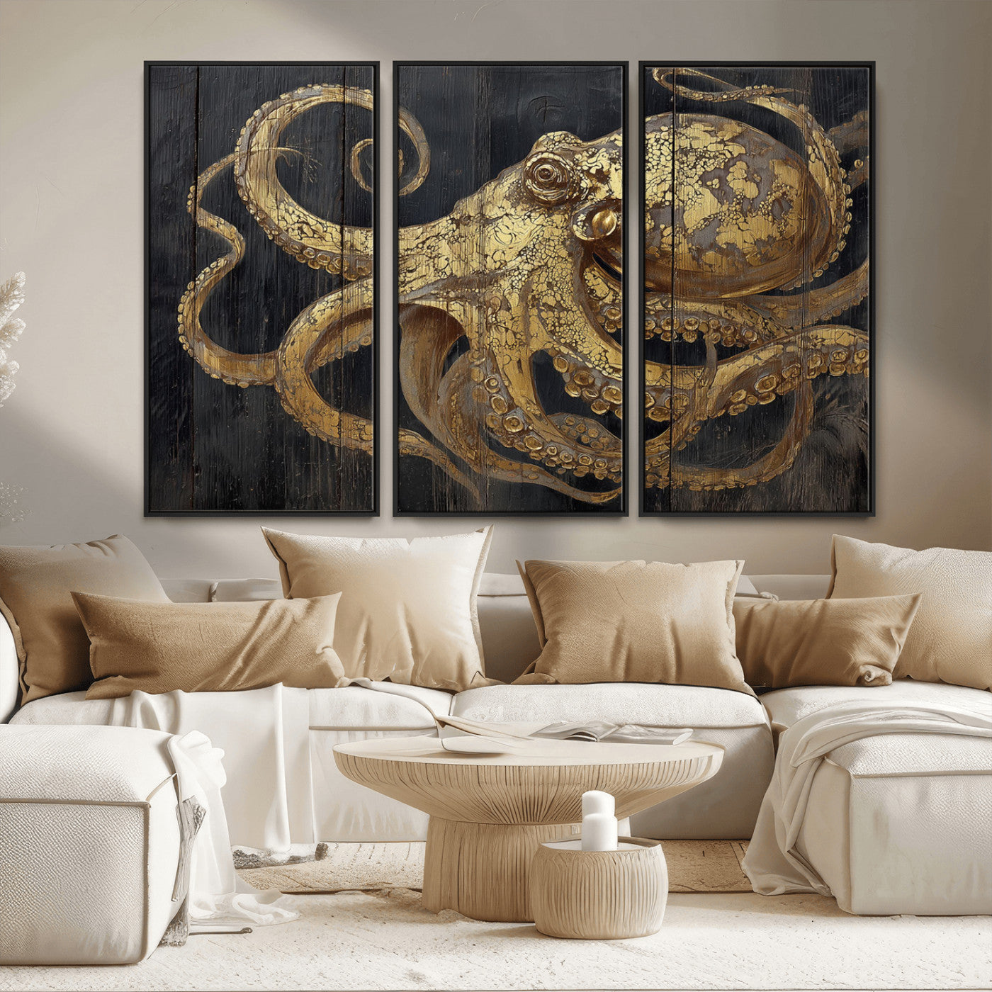 A detailed gold illustration of an octopus on black wooden planks, showing its intricate tentacles and textured skin in an artistic style.