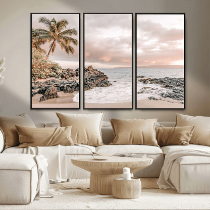 A peaceful beach scene with a palm tree and rocks, soft waves washing onto the shore under a soft pastel sky at sunset.