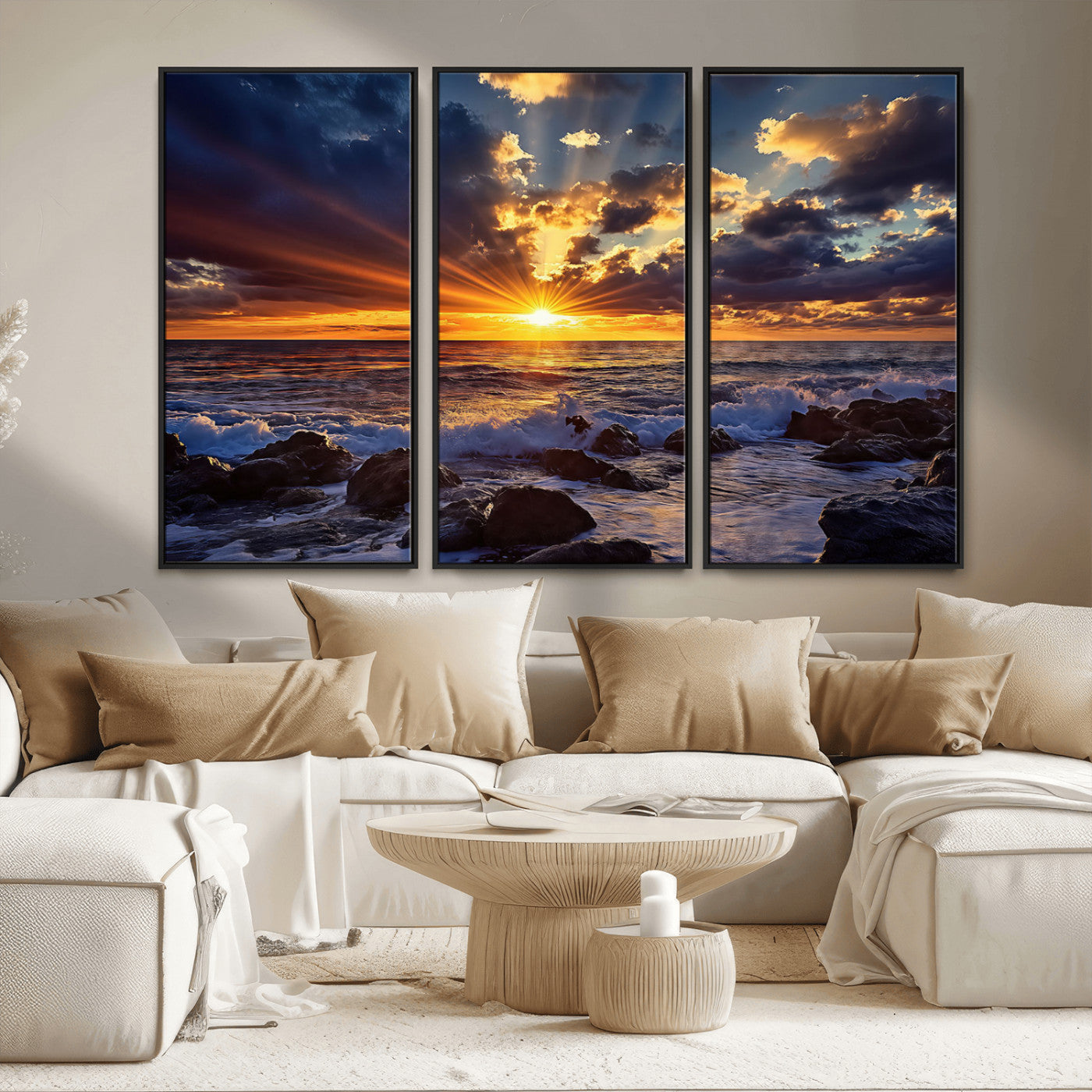 An explosive sunset over the ocean with dramatic clouds and rays of sunlight reflecting off the water, creating a vibrant and captivating view.