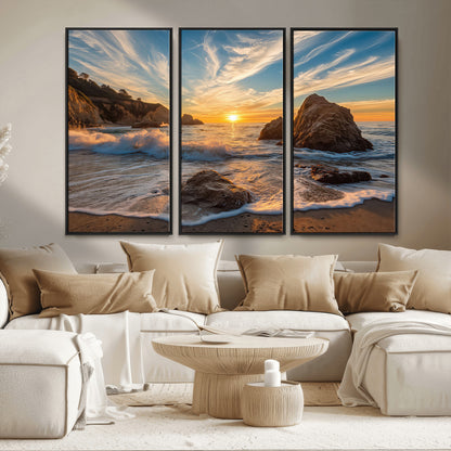 Rocky Ocean Sunset Wall Art Print, Seaside Canvas Wall Art, Dramatic Seascape Canvas Print for Coastal Modern Decor, Ocean Sunset Art Printing