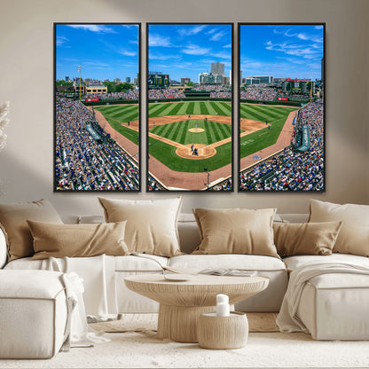 Wrigley Field Baseball Stadium Canvas Wall Art, Packed Crowd Sports Stadium Print, City Skyline Baseball Field Canvas for Game Room Decor