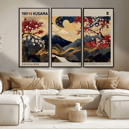 Yayoi Kusama's artwork featuring Mount Fuji, blooming cherry trees, and intricate swirls, blending traditional Japanese elements with vibrant color.