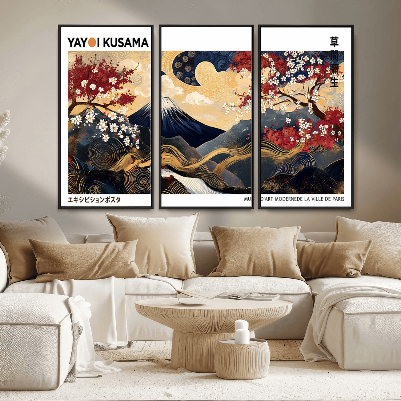 An artwork by Yayoi Kusama featuring Mount Fuji, blooming cherry blossoms, and swirling patterns in a harmonious blend of nature and art.