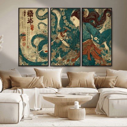 Tsukioka Yoshitoshi Samurai Wall Art Print, Japanese Katana Warrior Canvas Wall Art, Octopus Sea Monster Canvas Print,