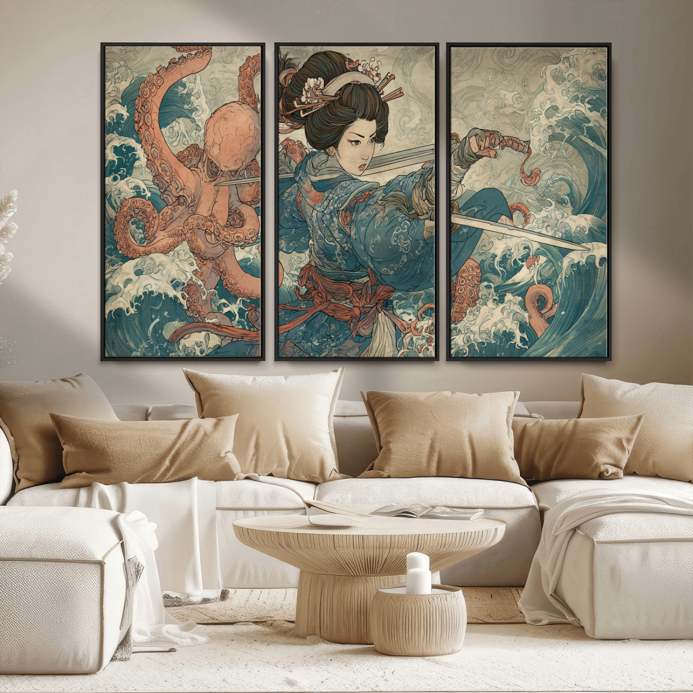 Tsukioka Yoshitoshi Samurai Wall Art Print, Japanese Katana Warrior Canvas Wall Art, Octopus Sea Monster Canvas Print,