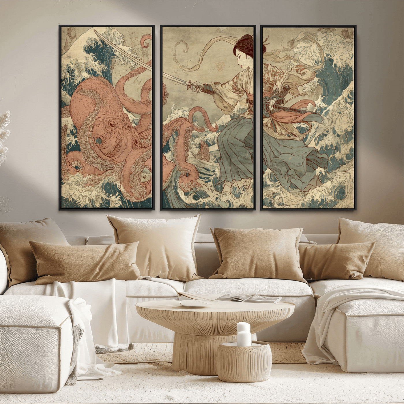 Tsukioka Yoshitoshi Samurai Wall Art Print, Japanese Katana Warrior Canvas Wall Art, Octopus Sea Monster Canvas Print,