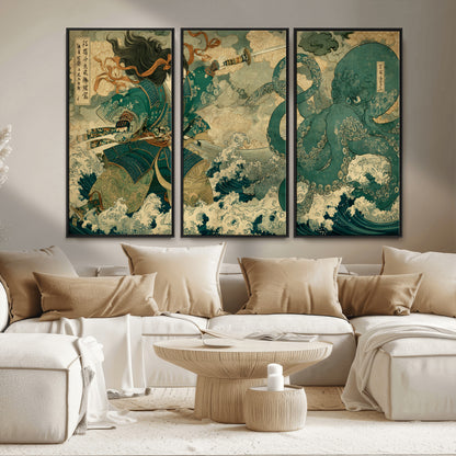 Tsukioka Yoshitoshi Samurai Wall Art Print, Japanese Katana Warrior Canvas Wall Art, Octopus Sea Monster Canvas Print,