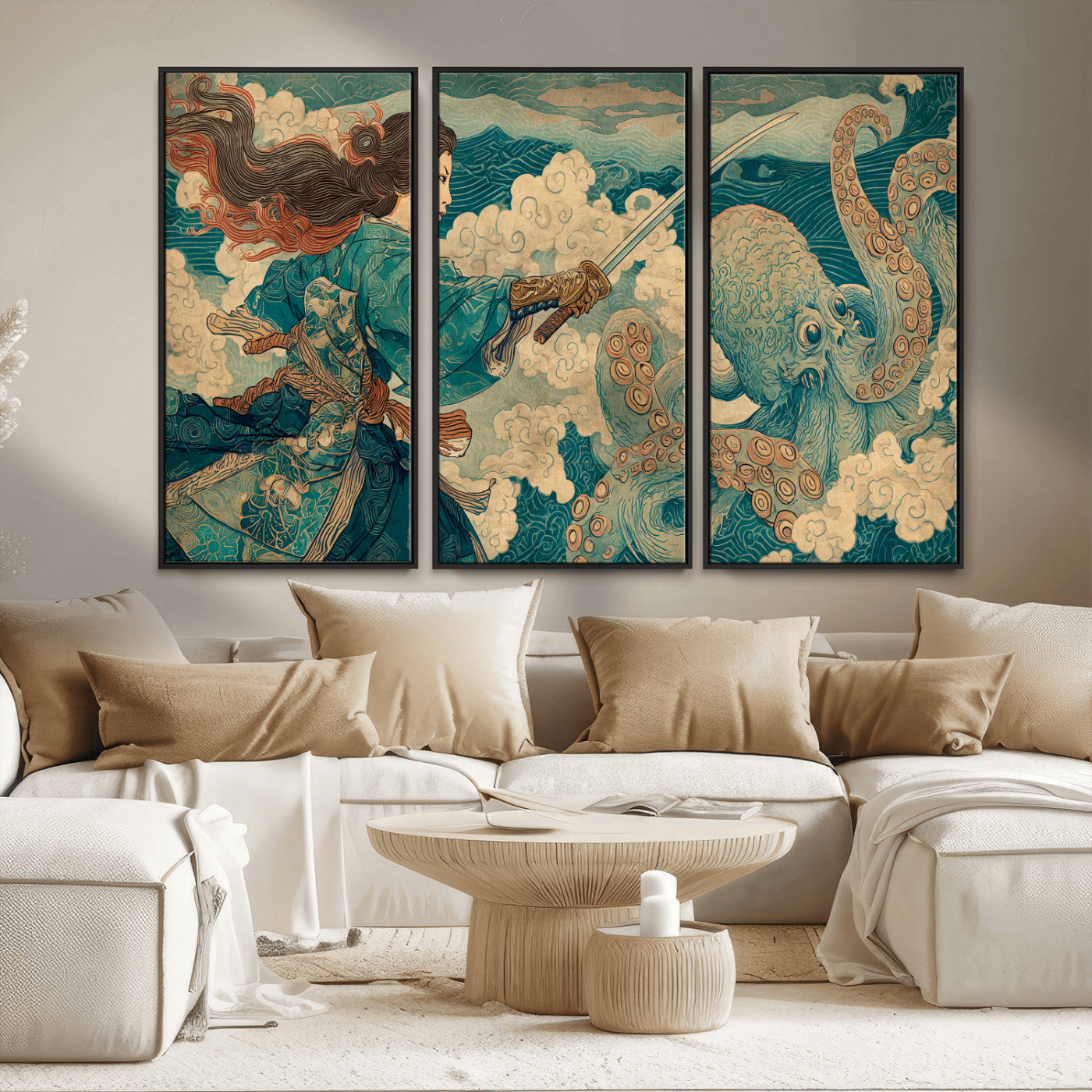 Tsukioka Yoshitoshi Samurai Wall Art Print, Japanese Katana Warrior Canvas Wall Art, Octopus Sea Monster Canvas Print,